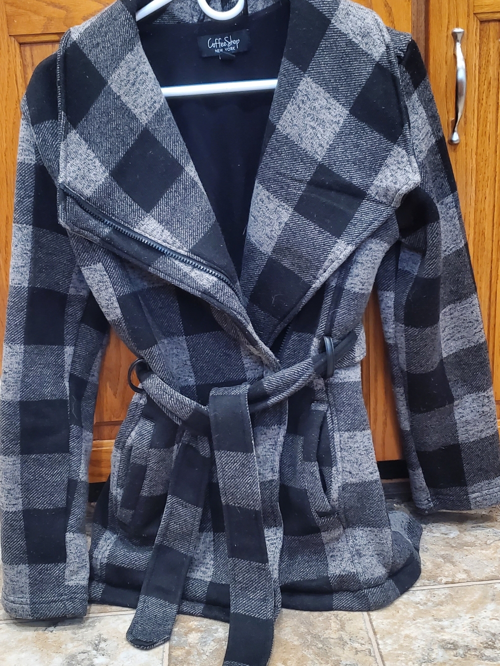 CoffeeShop Black & Gray Plaid Belted Wrap Jacket